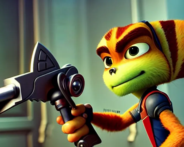 Image similar to film still of ratchet and clank with a hatchet in the new horror movie