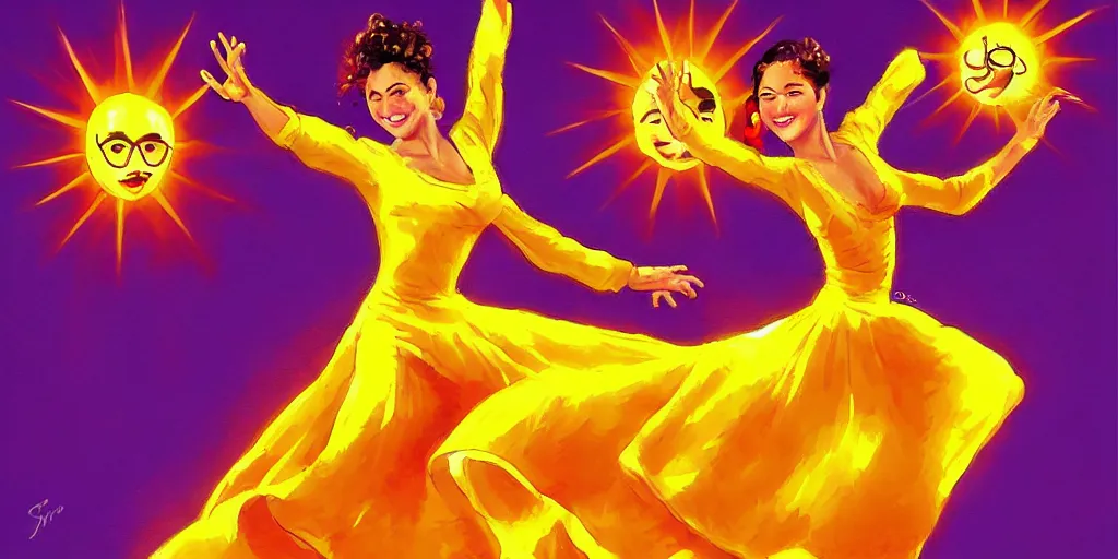 Image similar to The sun is exploding while Latino Cubans Dancers Salsa Dancing Gesture draw by Stanley Artgerm Lau, sun exploding on the background, Gesture draw, Salsa Social Dance, couple, lady using yellow dress, guy using the purple fancy suit, Salsa tricks, explosive background, WLOP, Rossdraws, Gesture draw, James Jean, Andrei Riabovitchev, Marc Simonetti, and Sakimichan, trending on artstation