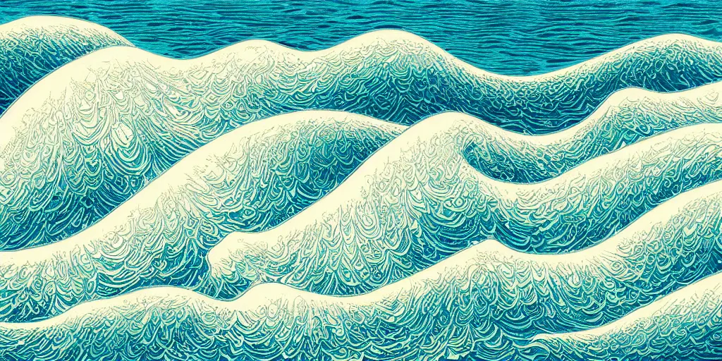 Image similar to clouds and waves, An aesthetically pleasing, dynamic, energetic, lively, complex, intricate, detailed, well-designed digital art of a beach, ripples, waves, sea foam, light and shadow, overlaid with aizome patterns, Shin-hanga by Bob Ross, traditional Japanese colors, superior quality, masterpiece, featured, trending, award winning, HDR, HD, UHD, 4K, 8K, anamorphic widescreen, cinematic, sharp focus