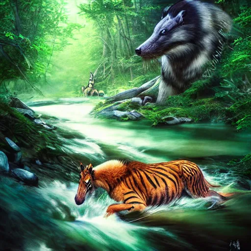 Image similar to animal life in the forest, river stream, predators and prey, vivid colors, realistic photo, environmental lighting, award - winning masterpiece photograph, cinematic view, studio ghibli, artgerm, high detail