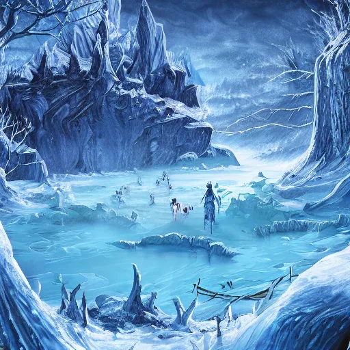 Image similar to a d & d background of a frozen lake with monsters beneath the ice, high quality digital art, gridless, vivid, blue tones, oil painting, trending on arstation, oil painting