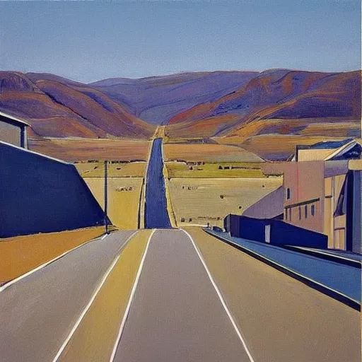 Image similar to “Wayne thiebaud painting of hilly streets and blue skies”