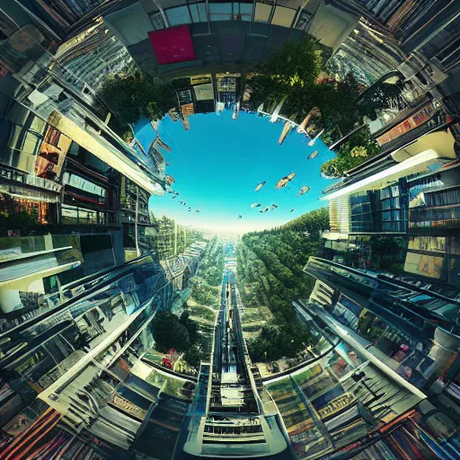 Image similar to Bustling photorealistic!!! utopian city reimagined by Max Hay, inverted fisheye lens!!!, eyelevel!!! view!!! photography, trending on artstation, 4k, 8k, lens distortion, chromatic aberration, soft focus blur, photorealistic imagery, photorealistic details, intricate, highly detailed, artstation 3d, artstation render, artstation 3d render, 3d art, unreal engine 3d, octane 3d, blender 3d, 3d landscape