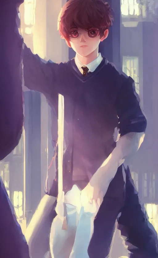 Prompt: a portrait of a cute young male ravenclaw student, hogwarts setting, vivid colors, soft lighting, atmospheric, cinematic, moody, in the style of ilya kuvshinov and range murata, krenz cushart, rule of thirds, oil on canvas, 8 k