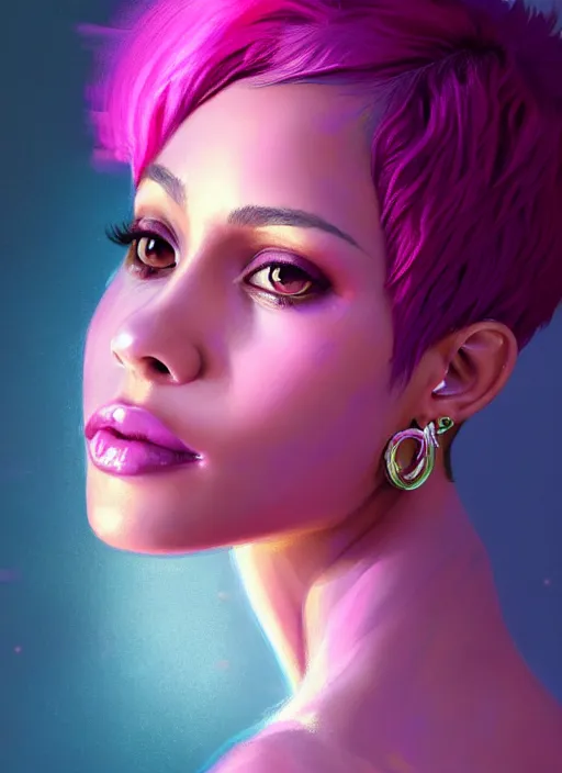 Image similar to portrait of vanessa morgan with bright pink hair, curly pixie cut hair, wearing a purple breton cap, breton cap, hoop earrings, intricate, elegant, glowing lights, highly detailed, digital painting, artstation, concept art, smooth, sharp focus, illustration, art by wlop, mars ravelo and greg rutkowski