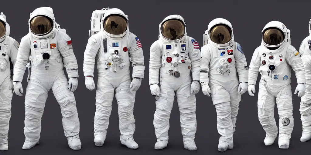 Prompt: A team photo of various animals standing still in white spacesuits before their mission to explore Mars. Highly detailed picture.