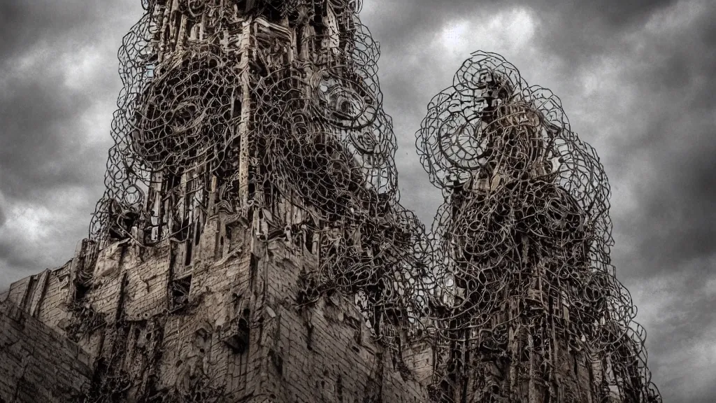 Prompt: bio-organic fleshy detailed machine tower! with tendrils!! and one eyeball!!! at the top, looking over a stormy post-apocalyptic wasteland, dystopian art, wide lens