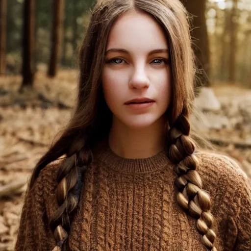 Prompt: real life photo of a beautiful girl, full body photoshoot, long braided brown hair, twisted braids, brown eyes, full round face, short smile, wool sweater, forest setting, cinematic lightning, medium shot, mid - shot, highly detailed, trending on artstation, unreal engine 4 k, 8 0 mm, 8 5 mm, cinematic wallpaper