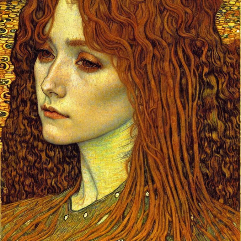 Image similar to detailed realistic beautiful young medieval queen face portrait by jean delville, gustav klimt and vincent van gogh, art nouveau, symbolist, visionary, gothic, pre - raphaelite, muted earthy colors, desaturated