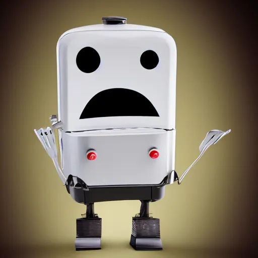 Image similar to an anthropomorphic toaster with googly eyes, black stick legs, black stick arms, and a hat