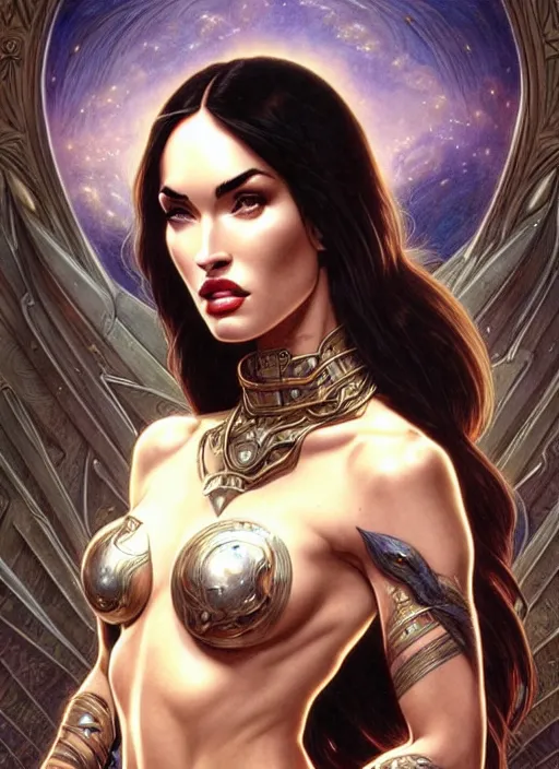 Image similar to megan fox as the goddess of chaos!! intricate elegant, highly detailed, digital painting, artstation, concept art, smooth, sharp focus, illustration, art by ( ( ( artgerm ) ) ) and greg rutkowski! and ( ( alphonse mucha ) ), heavily influenced by frank frazetta and boris vallejo