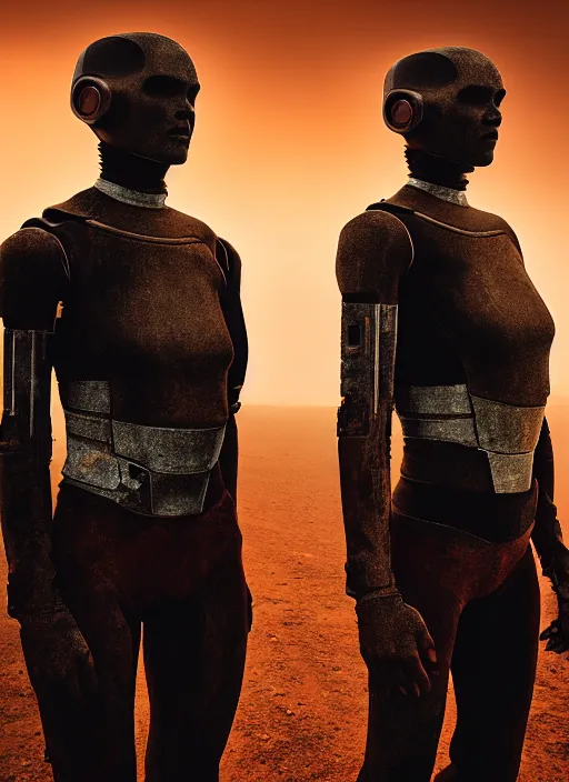 Image similar to cinestill 5 0 d photographic portrait by steve mccurry of two loving female androids wearing rugged black mesh techwear on a desolate plain with a red sky, extreme closeup, cyberpunk style, dust storm, 8 k, hd, high resolution, 3 5 mm, f / 3 2, ultra realistic faces, ex machina