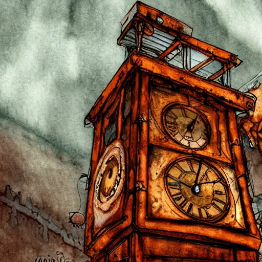 Image similar to an abandoned old rusty clocktower in a dark enormous cave, Low level, digital artdynamic lighting, cinematic, establishing shot, extremely high detail, photo realistic, cinematic lighting, watercolor, intricate line drawings, 8k resolution,