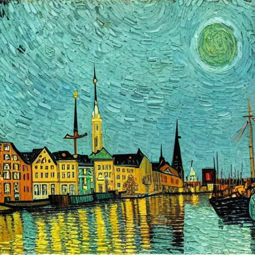 Image similar to a painting of the city of Rostock in the style of Vincent van Gogh