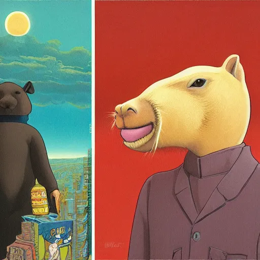 Image similar to a detailed painting of a capybara superhero by casey weldon by studio ghibli, new contemporary art, comic book illustration, anime