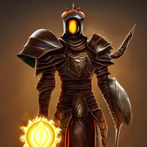 Prompt: animated armor with a helmet face and a sun emblem on his chest, far - mid shot photo, style of magic the gathering, dungeons and dragons, fantasy, intimidating