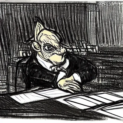 Image similar to a vivid courtroom sketch of a goblin testifying on trial,