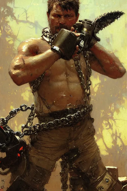 Image similar to man with a chainsaw for a head and chainsaws for arms portrait dnd, painting by gaston bussiere, craig mullins, greg rutkowski, yoji shinkawa