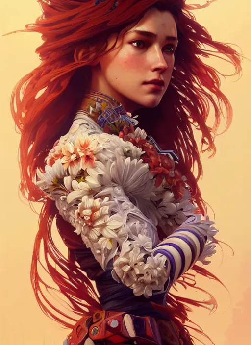 Image similar to symmetry!! portrait of floral! horizon zero dawn machine, intricate, elegant, highly detailed, digital painting, artstation, concept art, smooth, sharp focus, illustration, art by artgerm and greg rutkowski and alphonse mucha, 8 k