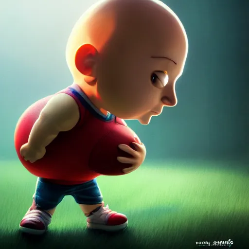 Image similar to baby stewie with a football shaped head, huggy wuggy from poppy playtime video game, fullbody, ultra high detailed, glowing lights, oil painting, greg rutkowski, charlie bowater, beeple, unreal 5, daz, hyperrealistic, octane render, rpg portrait, dynamic lighting, fantasy art, beautiful face