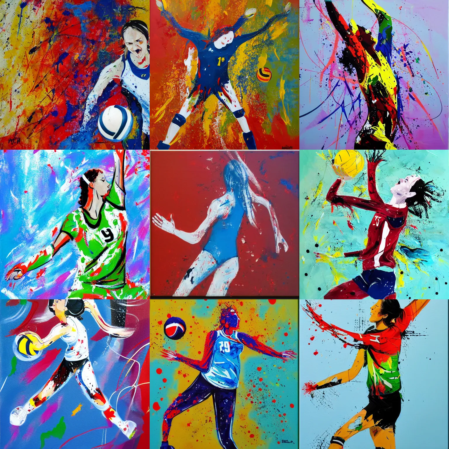 Prompt: volleyball player, fast action, acrylic on canvas, splattered paint