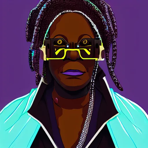 Image similar to cyberpunk robotic whoopi goldberg, sharp lines, digital, artstation, colored in