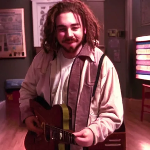 Image similar to a film still of Post Malone starring as Dewey Finn in School Of Rock (2003)