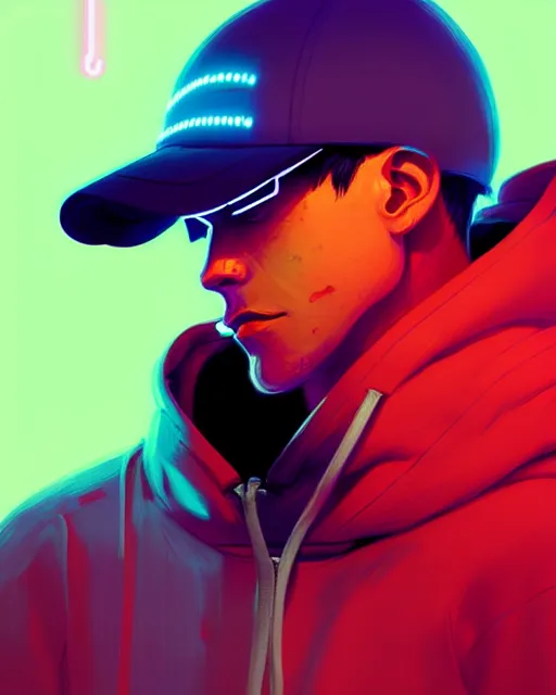 Image similar to photographic, hyper - realistic detailed portrait of a man in a hoodie, with neon visor, dynamic pose, by atey ghailan, by greg rutkowski, by greg tocchini, by james gilleard, by joe fenton, by kaethe butcher, sharp focus