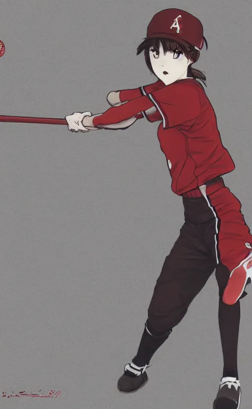 Image similar to anime style, female baseball player using bat, red sport clothing, strike pose, launching a straight ball, brown short hair, hair down, symmetrical facial features, from arknights, hyper realistic, rule of thirds, extreme detail, 4 k drawing, safebooru, realistic lighting, by alphonse mucha, greg rutkowski, sharp focus, backlit