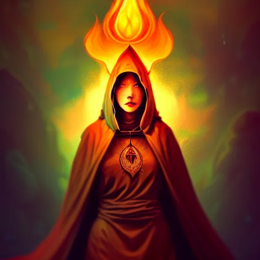 Image similar to ( a priestess with a hood that covers half her face carries an incense burner that emits a pleasantly colored flame. ) by anato finnstark, dream, full body portrait, dynamic lighting, beautiful, trending on artstation, wallpaper, 4 k, award winning, digital art, very detailed faces