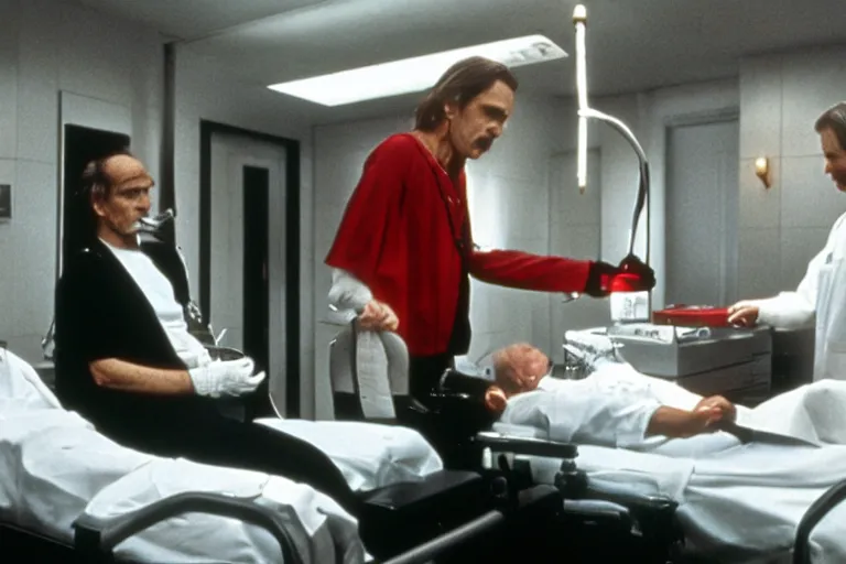 Image similar to a scene from the movie dead ringers with jeremy irons, dark cinematic lighting, heavy black and red palette and color contrast, medical equipment, movie directed by wes craven