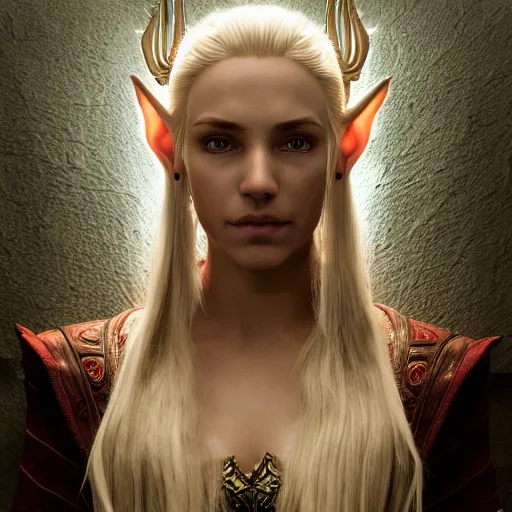 Prompt: the elder scrolls vi, charismatic rega blonde high elf female jarl, portrait, throne room, atmospheric lighting, painted, intricate, volumetric lighting, beautiful, daytime, sunny weather, slight overcast, sharp focus, deep colours, ultra detailed, by leesha hannigan, ross tran, thierry doizon, kai carpenter, ignacio fernandez rios