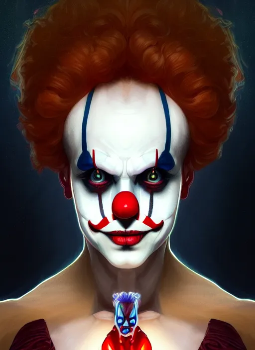 Image similar to symmetry!! portrait of clown from it dark, glowing lights!! intricate, elegant, highly detailed, digital painting, artstation, concept art, smooth, sharp focus, illustration, art by artgerm and greg rutkowski and alphonse mucha