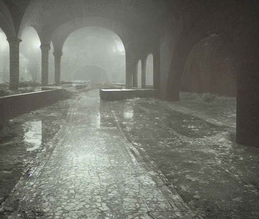 Image similar to tiled room squared waterway, aqueducts, gloomy and foggy atmosphere, octane render, artstation trending, horror scene, highly detailded