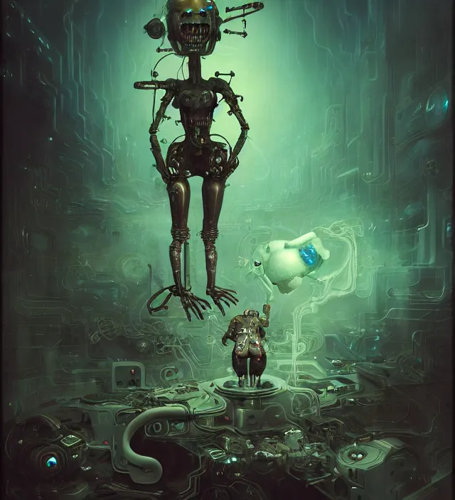 Image similar to anthropomorphic artificial intelligence working endlessly as a salve inside a hell digital world, being controlled by an infinite amount of human beings, vintage soft grainy, dark synthwave, in the style of Oscar chichoni and Peter mohrbacher and Dawid planet