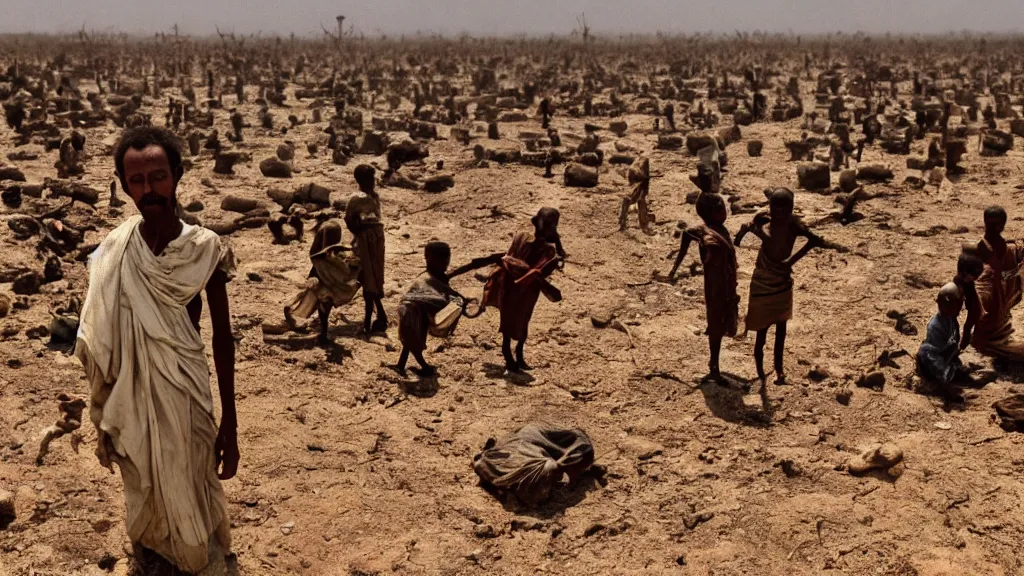 Image similar to 1984 Ethiopian biblical famine and drought as seen in Western TV, moody, dark, movie scene, depth of field, hd, 4k