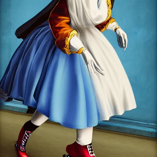 Image similar to blonde nun in blue clothes on roller skates, photorealistic, baroque style