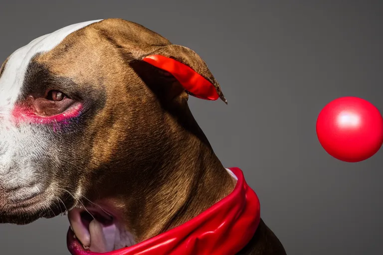 Image similar to side profile profile of a snarling pit bull wearing clown makeup and a red rubber nose, 4 k, hdr color