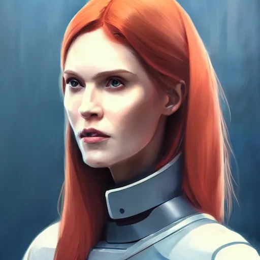 Prompt: Portrait of a woman by Greg Rutkowski, she is about 30 years old, redhead, long straight hair, beautiful oval face, wearing a futuristic spaceship captain uniform, strict but caring mom vibes, highly detailed portrait, digital painting, artstation, concept art, smooth, sharp foccus ilustration, Artstation HQ.