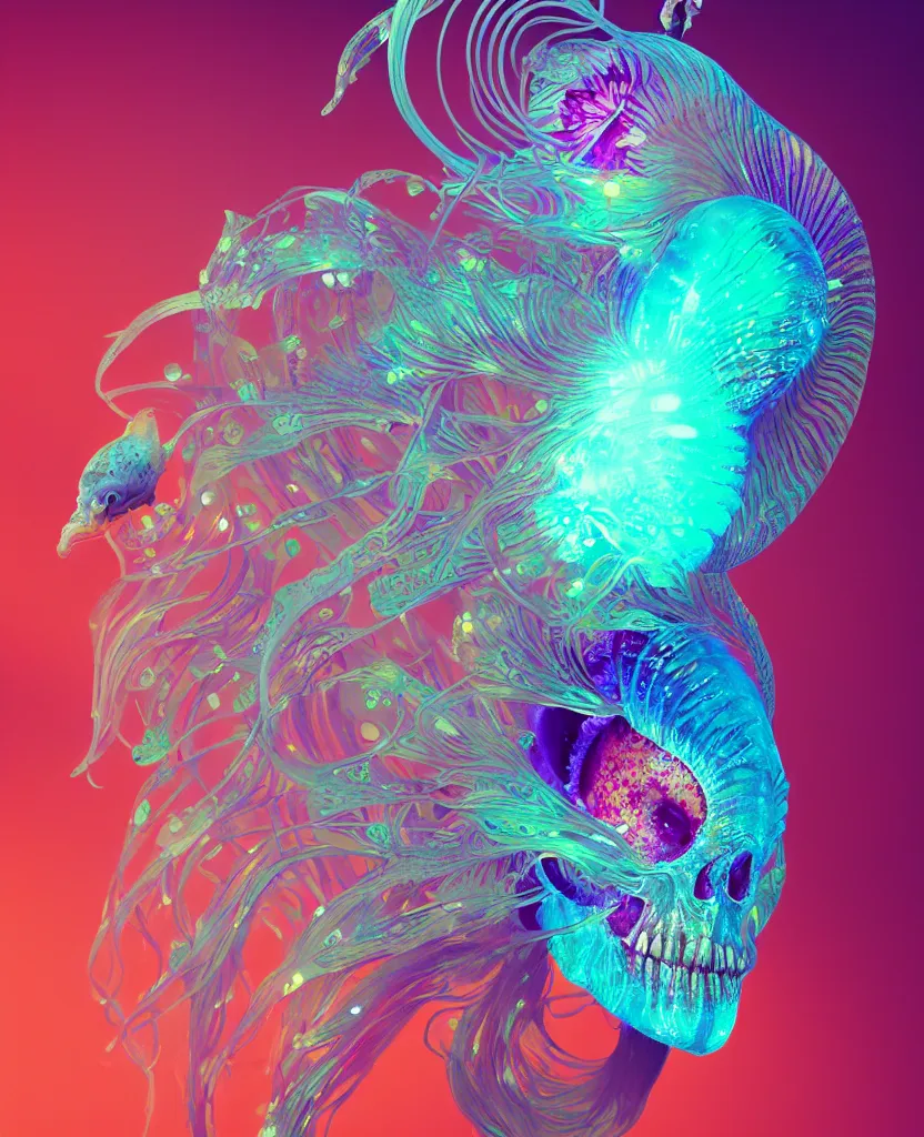 Image similar to goddess close-up portrait. dichroic orchid jellyfish phoenix head, nautilus, skull, betta fish, bioluminiscent creatures, intricate artwork by Tooth Wu and wlop and beeple. octane render, trending on artstation, greg rutkowski very coherent symmetrical artwork. cinematic, hyper realism, high detail, octane render, 8k