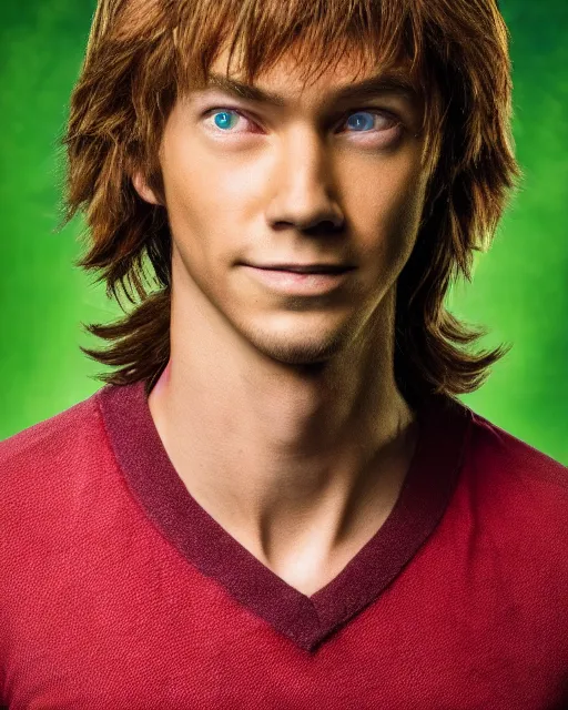 Prompt: dramatically - lit closeup portrait photograph of norville shaggy rogers from the scooby - doo live - action film ( 2 0 0 2 ), sharp details, vignette, high saturation, smooth textured skin, subsurface scattering, photograph by mark mann and martin schoeller, 4 k, soft focus, centered, symmetrical