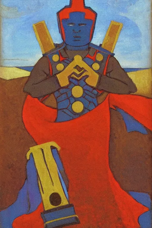 Prompt: thor with mjollnir, marvel, artwork by nicholas roerich,