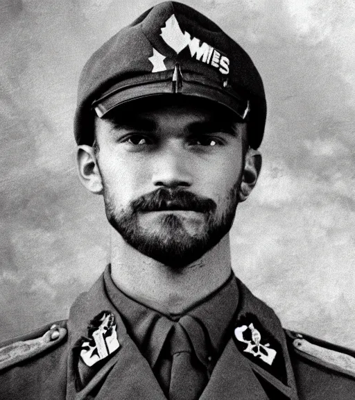 Prompt: Grainy black and white photo of PewDiePie as a WW2 general