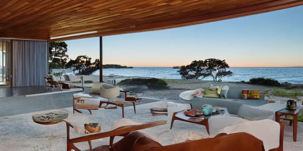 Prompt: a mid-century Eichler Home on a beach at sunset with view of the ocean in the style of sunset magazine and dwell magazine. Highly detailed, photorealistic, 8k 35mm, award winning architecture photography