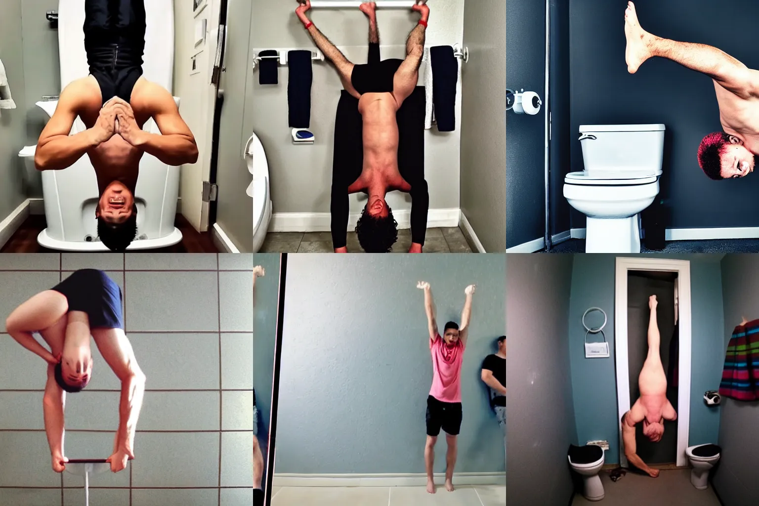 Prompt: Youtuber handstand on a toilet challenge, funny, amusing, hilarious,