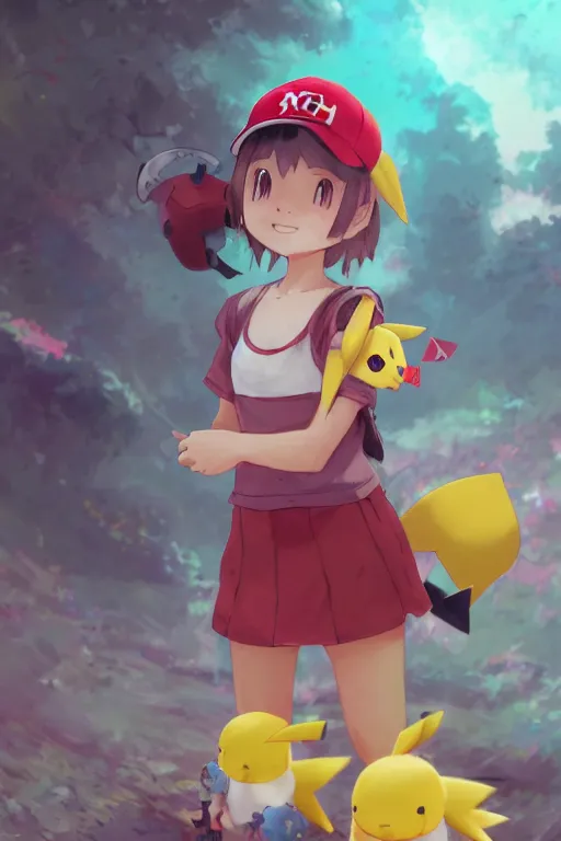 portrait of cute pokemon trainer girl with vibrant red, Stable Diffusion