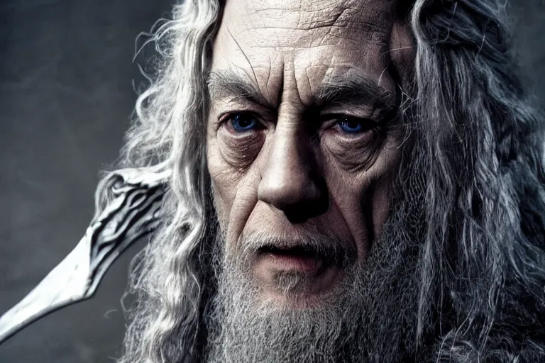 Image similar to jude law as gandalf stood outside orthanc, style of h. r. giger, directed by david fincher, muted tones, detailed