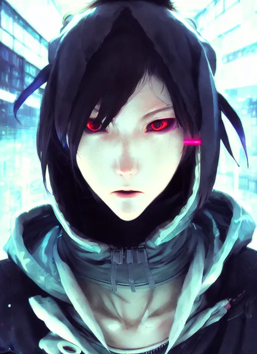Image similar to cyberpunk anime girl in hoodie, grafity, realistic face, beautiful face, grafity, arcane, action, tokyo street, detail, good face, pose model, concept art, in style of yoji shinkawa, pan ren wei, col price, atey ghailan, by greg rutkowski, aesthetic