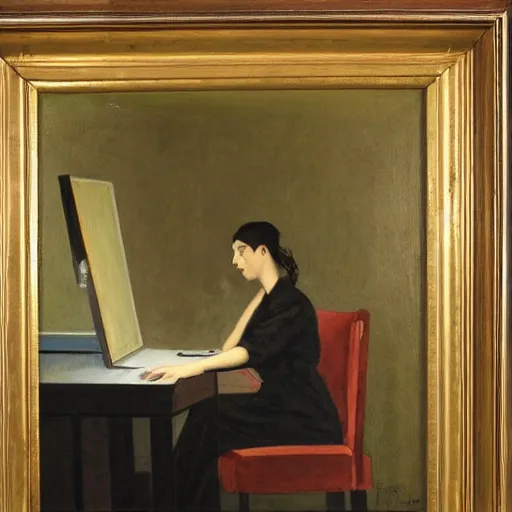 Prompt: 2 0 th century painting of a woman gazing contemplatively at a computer