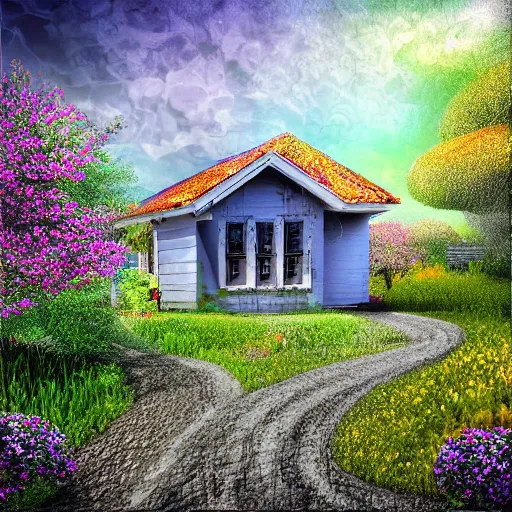 Image similar to blooming gravel path, house on a hill, digital art